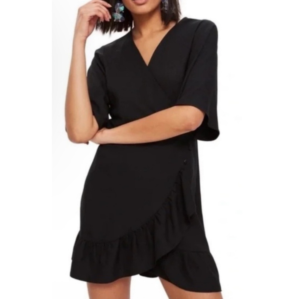 Topshop Black Ruffle Hem Wrap Front Bell Sleeve Dress